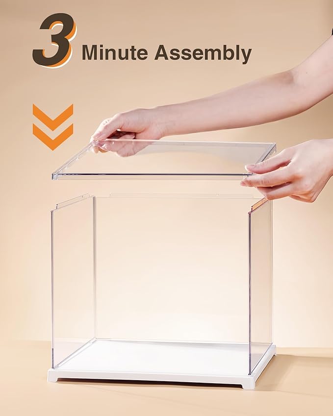 Rolife Clear Acrylic Display Case for Hobby Collectibles, Easy Assemble Dust Cover Showcase Clear Storage Bins, Stackable Storage Plastic Box with Wooden Base