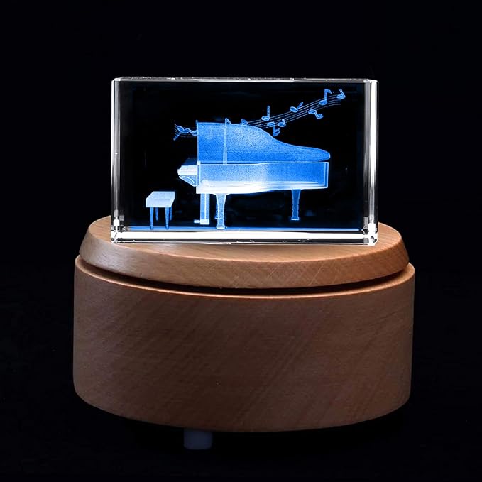 XINDAM 3D Piano Paperweight Laser Etched in Crystal Glass Cube for Graduation Christmas Birthday Valentine's Day (Included LED Base)