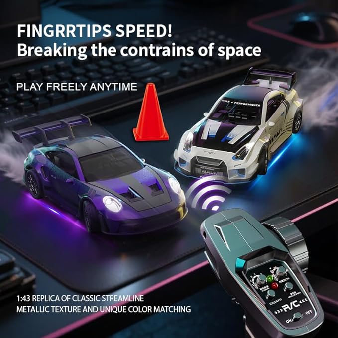 1:43 RC Drift Car D43-02 - 2.4G Full Proportional 4WD Alloy 20KM/H High Speed RC Racing Car with Gyro, Silent Bearings, Adjustable Speed & Lighting(Q2/Mecha War Silver/D43-02)