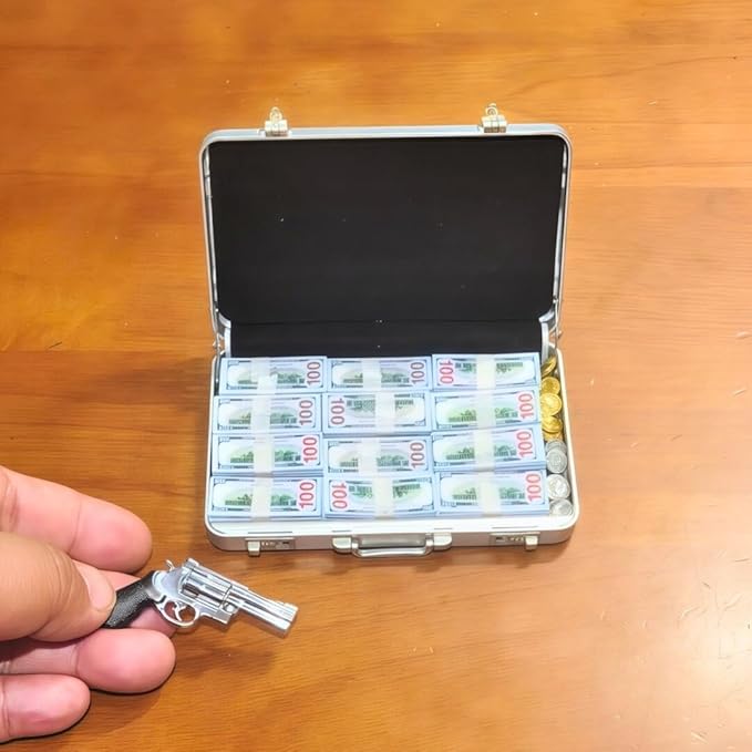 1:6 Scale Miniature Briefcase Set - Includes Fake Gold Bars, Bundles of $100 Mini Dollar Bills, Vintage Coins and Mini Weapons - Unique Adult NoveltyToy & Dollhouse Accessories (Silvery)