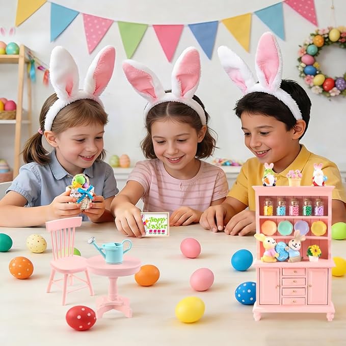 Celltestria 38Pcs Easter Dollhouse Miniatures Decorations 1:12 Scale Mini Pink Wooden Bookshelf Furniture Set Tiny Bottles Flowers Table Chairs Rabbits Eggs Easter Spring Decor