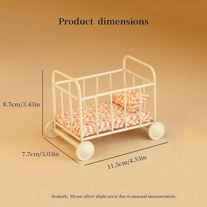 Funky Mini House 1:12 Dollhouse Mini Crib with Bedding - Smooth Rolling Wheels, for Miniature Enthusiasts, Dollhouse Interior Decor
