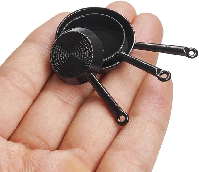 Odoria Dollhouse Frying Pan Miniature: 1/12 Scale Skillet Cookware for Kitchen Restaurant - Mini Kitchenware Cooking Utensils Metal Black 3Pcs