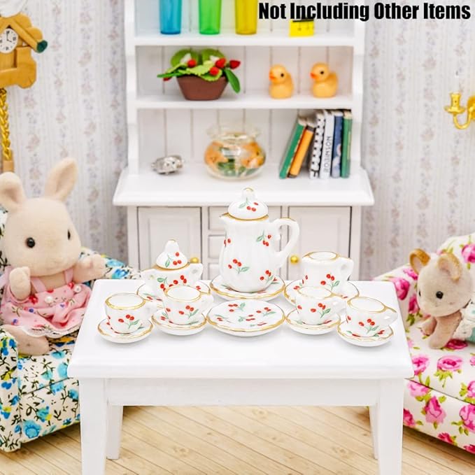 Odoria 1/12 Miniature Porcelain Tea Set 15Pcs Dollhouse Decoration Accessories, Cherry