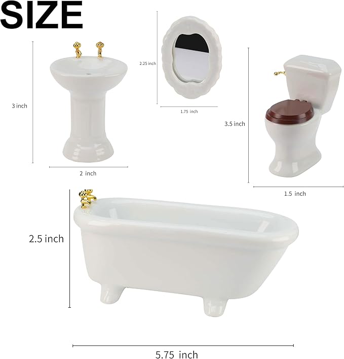 Waldosia 1:12 Scale White Porcelain Dollhouse Bathroom Set – 4-Piece Miniature Furniture with Bathtub, Pedestal Sink, Toilet & Mirror