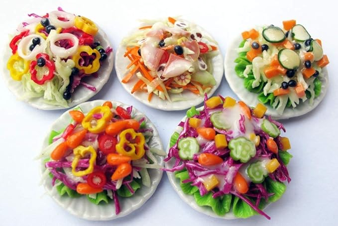 5 Assorted Salad with Plate for Dollhouse Miniature Food 1:6 Scale Realistic Clay Food for Dollhouses, Doll Accessories (A)