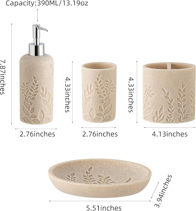 Haocoott Bathroom Accessories Set, 4 PCS Bathroom Accessory Sets with Soap Dispenser 13 OZ, Toothbrush Holder, Tumbler, Soap Dish, Bathroom Countertop Organizer, Sea Bathroom Decor (Leaf Beach)