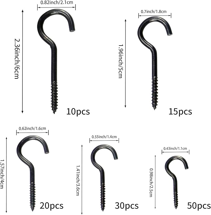 BJUTYEU 125 Pieces of Screw Cup Hook Set 5 Sizes Ceiling Small Hooks Wardrobe Decoration Hanging Accessories for Hanging Outdoor or Indoor use (0.98" 1.41" 1.57" 1.96" 2.36") (Black)