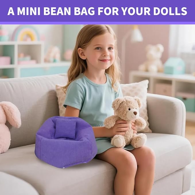 Miniature Sofa for Labubu, Cute Doll Seat for 17cm Labubu, Handmade Bean Bag Chair with Pillows, Soft Lazy Sofa Seat Miniature Couch for Dollhouse Furniture Decoration (Purple)
