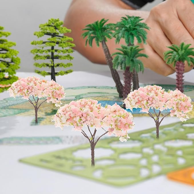 LOGOFUN 30pcs Miniature Cherry Blossom Trees Mini Pink Flower Model Trees Train Railway Architecture Diorama Tree for DIY Landscape Sand Table Decor
