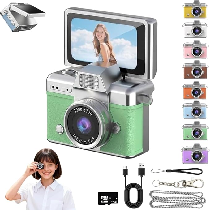 Mini Keychain Digital Camera Retro Mini Digital Video Camera Small bodycam 1080P FHD Recording with 0.96" IPS Screen with 6 Retro Filters AVI Format-Ideal for Phone Transfer (Green, 128GB)