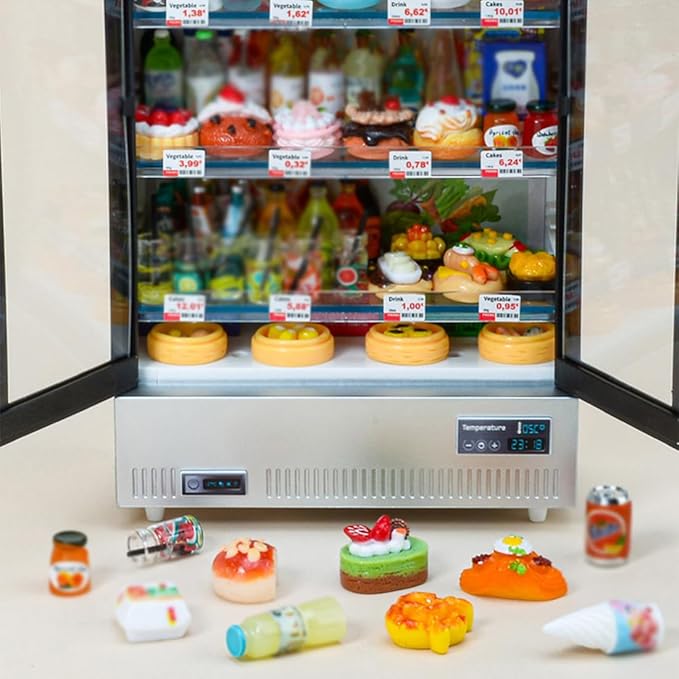 1/20 Scale Mini Food-Play Realistic Double-Door Fridge Model, Miniature Kitchen Supermarket Props, Pretend-Play Fridge Set (Dark Grey Refrigerator + 60 Random Items + Shopping Cart/Light-Up