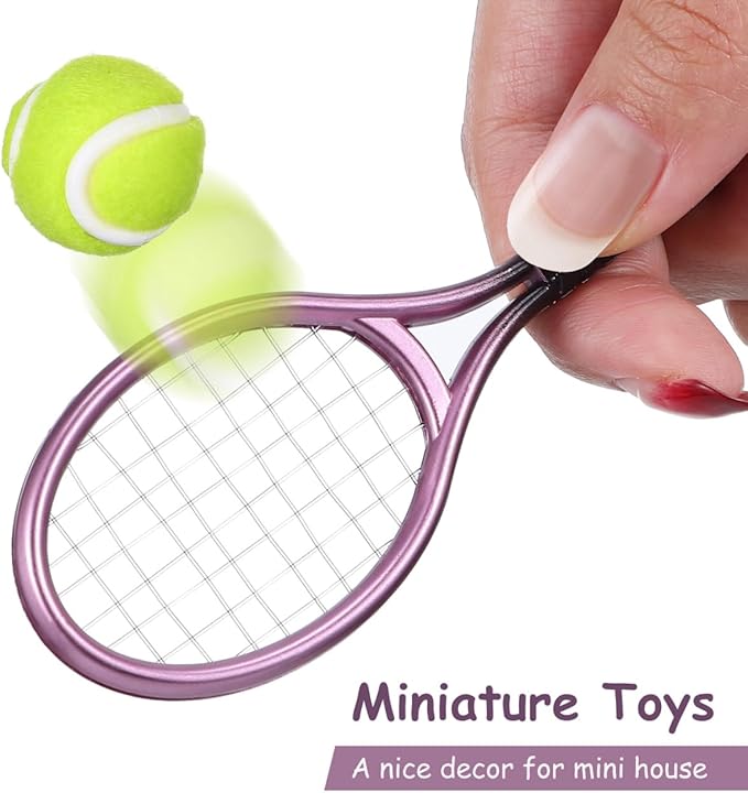 VICASKY 2 Sets Miniature Tennis Racket with Ball, 1:12 Scale Model Props for Dollhouse, Diorama, Crafts & Miniature Scene Diorama - Realistic Sports Decor, Random Colors