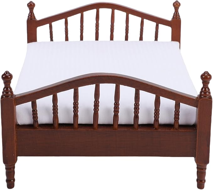 Keenso Dollhouse Miniature Bed, Vintage Wooden Dollhouse Bed Furniture, 1:12 Scale Accessory for Bedroom Display