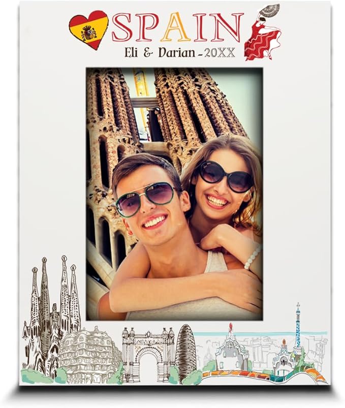 BELLA BUSTA-Personalized Europe Travel Picture Frame– Custom Spain Photo Frame with City & Country-Honeymoon, Vacation, Adventure, Favor Keepsake (Spain (Vertical))