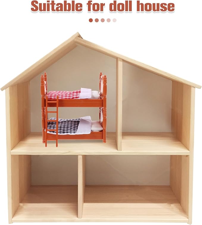 DOITOOL Wooden Doll Bunk Bed, 4 Pcs Doll House Furniture Dollhouse Decoration Accessories Simulation Dollhouse Miniature Bunk Bed DIY Dolls Beds with Ladder