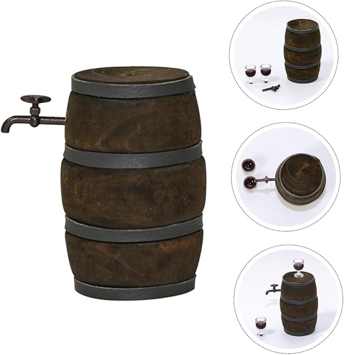 KONTONTY Mini Wooden Beer Barrel with Faucet Miniature Fairy Garden Decor Vintage Small Wine Container Dollhouse Accessories for Creative Home Model Display