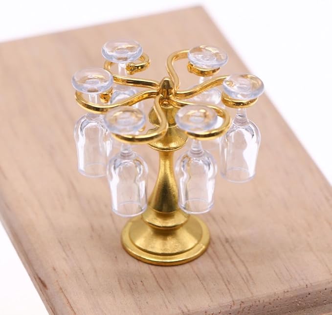 6pcs Mini Wine Glasses and Miniature Dollhouse Accessories - 1/12 Scale Accessories with Mini Wine Bottles for Doll House Girls &Women(Golden Color)