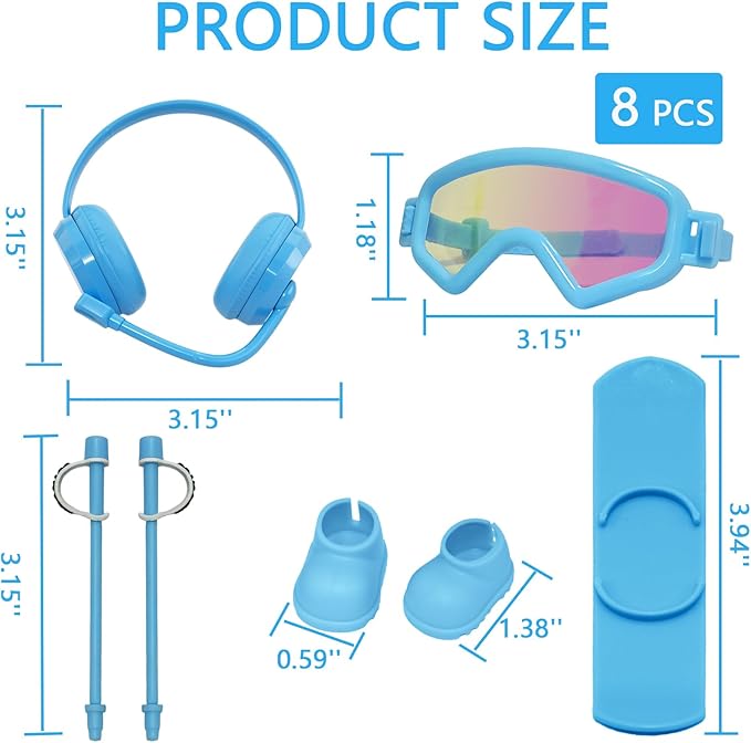 Jreiiolk 2026 New 8-Piece Ski & Snowboard Set for 17cm Dolls - Blue Winter Sports Gear with Goggles, Boots & Poles - Compatible with Fashion Dolls Accessories