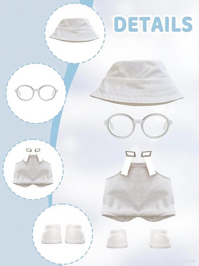 2PCS Doll Clothes Set for 17cm Dolls – Stylish Outfit with 2 Hat, 2 Overalls, 2 Shoes & 2 Glasses of Clothes Designer, Cute Clothes for Dress up Unique Style (White+Pink) (Doll Not Included)