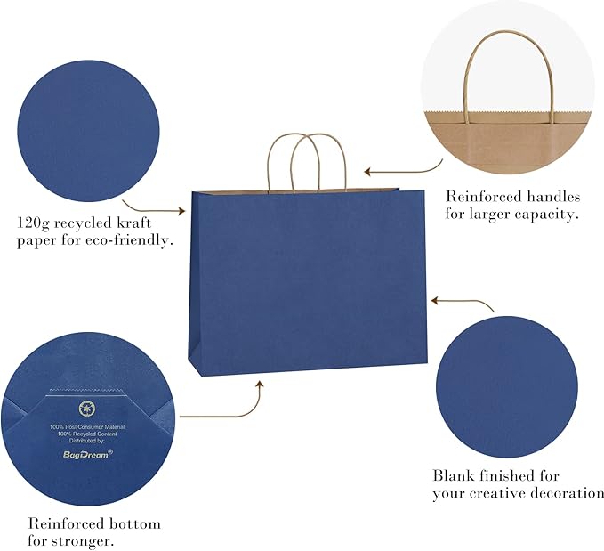 BagDream 100Pcs 16x6x12 Inches Kraft Paper Bags with Handles Bulk, Large Shopping Bags for Gifts, Grocery, Merchandise, Party Favor, Take-out, Recycled Paper Sacks Navy Blue