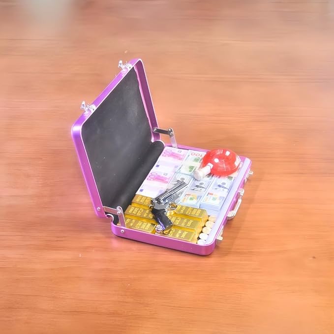 1:6 Scale Miniature Briefcase Set - Includes Fake Gold Bars, Bundles of $100 Mini Dollar Bills, Vintage Coins and Mini Weapons - Unique Adult NoveltyToy & Dollhouse Accessories (Pink)