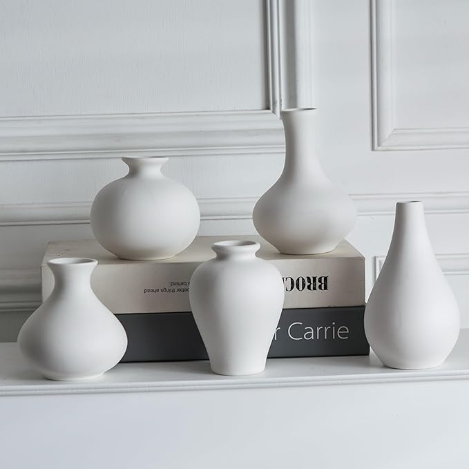Small White Vases, Ceramic Bud Vase Set of 5, Mini Pottery Vases for Pampas Grass, Flowers, Decorative Vases for Home Modern Decor, Rustic Decor, Veses for Living Room Dining Table Shelves