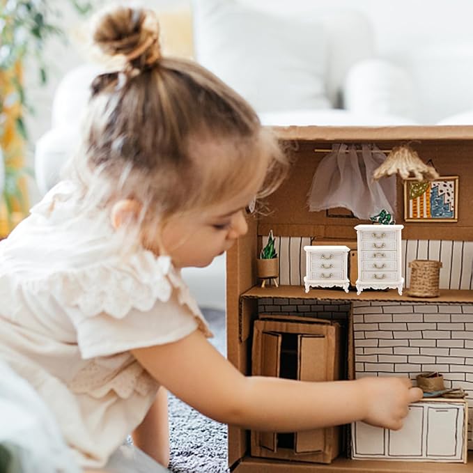 2pcs Miniature Dollhouse Cabinet Set - Wooden Mini Doll House Furniture for Model Accessories Tabletop Decor Props White