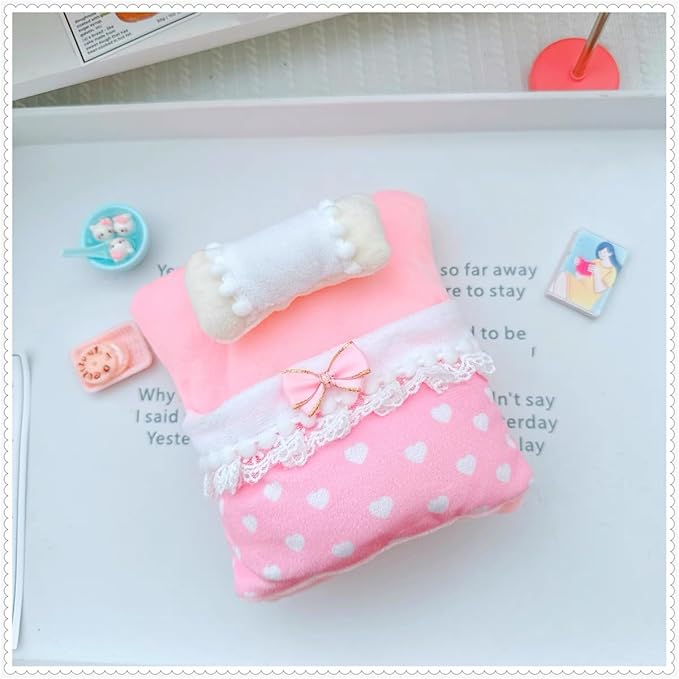 One-Piece Doll Bed for 17cm (6.7in) Doll - Adorable Pink Theme with White Heart Patterns and Lace Trim, Perfect for Dollhouse Furniture Accessories, Pink