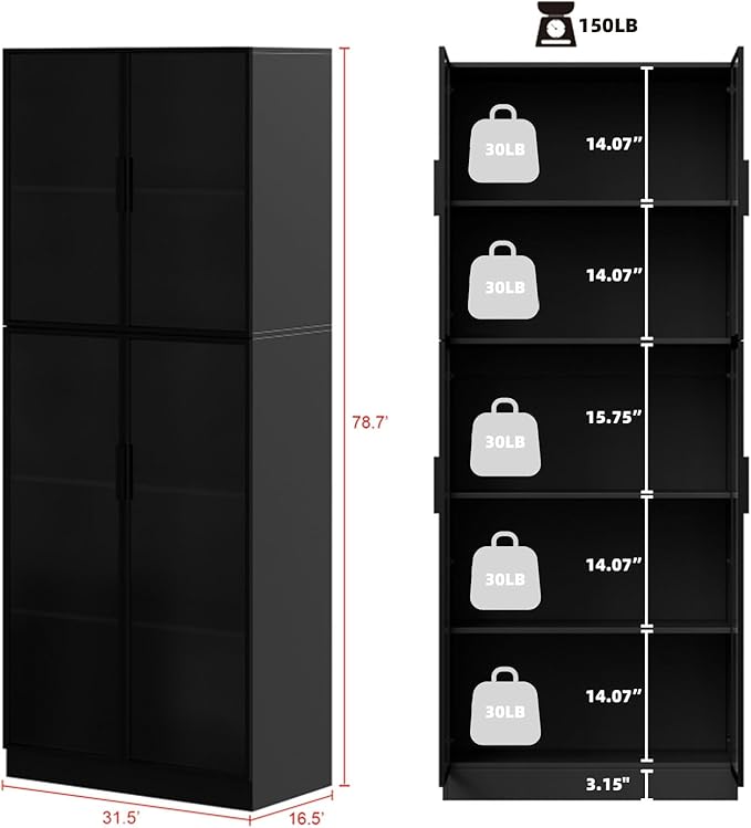 2-Piece Display Cabinet with Glass Doors and Lights, Large Modern Storage Cabinet with 5-Tier Shelves, Trophy Case for Collectibles Living for Room Home Office, Black (63" W)