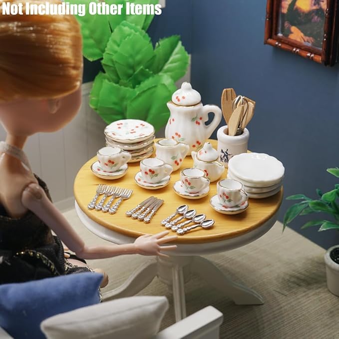 Odoria 1/12 Dollhouse Miniature Tea Set Porcelain 15Pcs Dolls Decoration Accessories with 16Pcs Miniatures Kitchen Plates Cutlery Set and Cooking Supplies, Cherry
