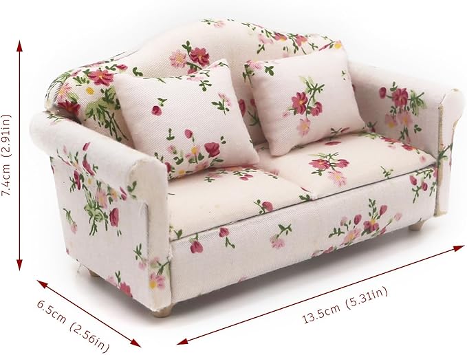 1:12 Dollhouse Couch Furniture Set, 16Pcs Wooden Miniature Sofa Set, Dollhouse White Fabric Printed Double & Single Sofa with Pillow and Living Room Accessories