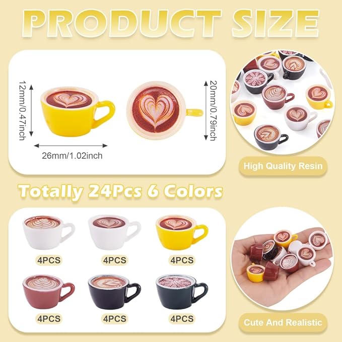 24Pcs Resin Coffee Cup Decorations Micro Landscape Dollhouse Decorations 6 Colors Coffee Cup Model with Latte Art Ornaments Imitation Food Drink Cabochons 26x20mm