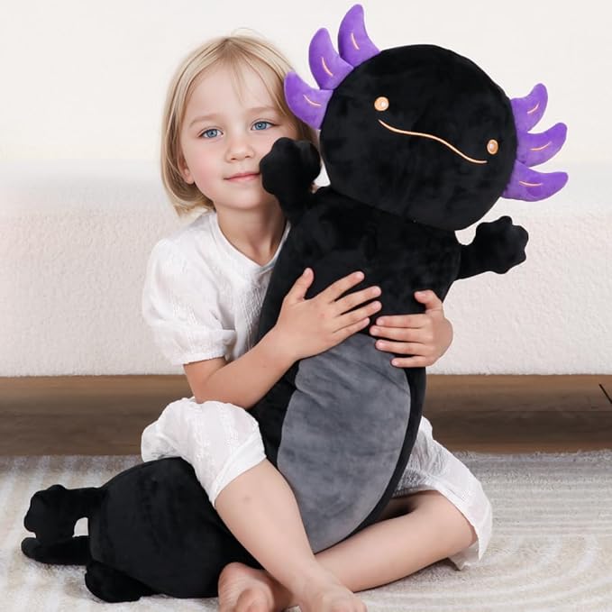 36" Giant Black Axolotl Stuffed Animal, Cute Soft Long Axolotl Plush Body Squishy Pillow Big Plushies Toy, Gift for Kids, Boys, Birthdays, Halloween, Christmas