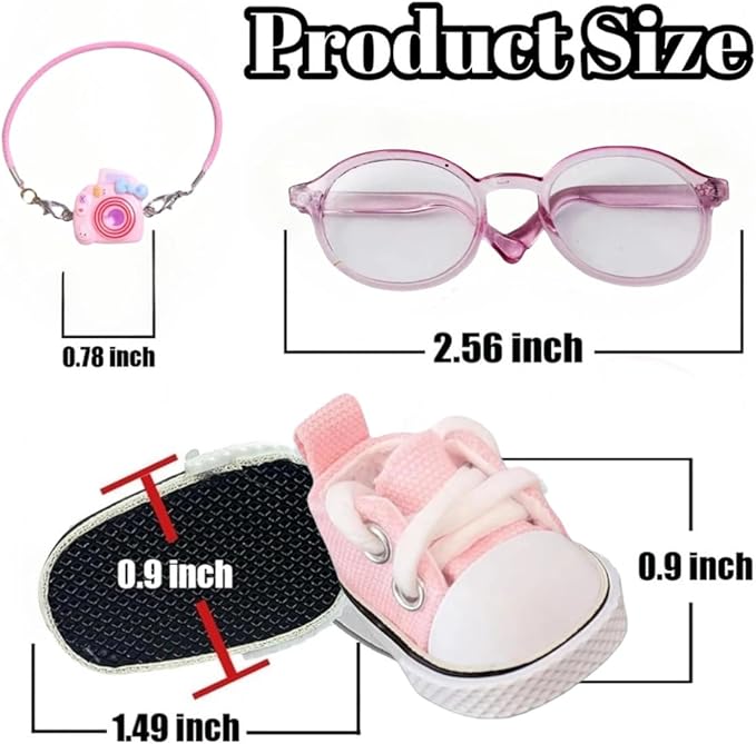 Doll Accessories Set for Labubu Included Mini Pink Glasses, Camera and Cute Pink Shoes, Dress Up Accessories for 15/17cm Dolls(No Clothes)