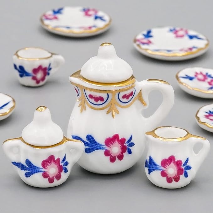 Odoria 1/12 Miniature Porcelain Tea Set 15Pcs Dollhouse Decoration Accessories, Purple Blossom