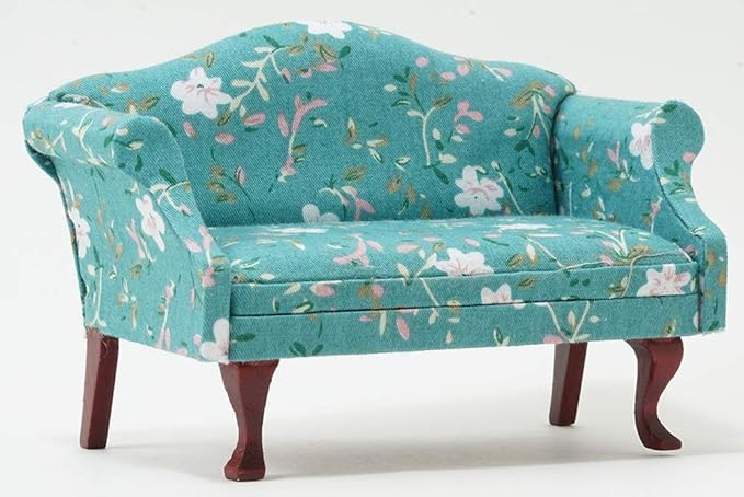 Dollhouse Miniature Sofa, Mahogany with Turquoise Floral Fabric