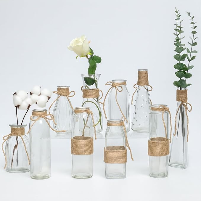 10Pcs Small Glass Vases Set - Clear Mini Bud Vases with Twine Ropes, Vintage Farmhouse Style for Flower Arrangements, Centerpieces, Wedding, Home and Table Decor