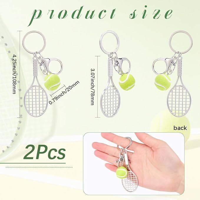 SOFPLATE 1 Box 2Pcs Tennis Themed Bag Charms Sport Ball Keychains Small Mini Metal Silver Racket Sports Hanging Alloy Charm Pendant Key Chains Charms for Purses Backpack Bags Party Favor Decoration