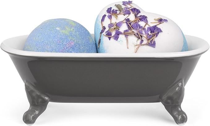 NEWHENGS 6.5" Ceramic Mini Decorative Clawfoot Bathtub Bar Soap Dish, Kitchen Sponge Holder and Shower Tray for Bathroom, 1 Pack(Stone Gray)