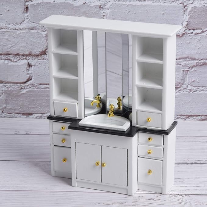 RASTKY 1:12 Scale Dollhouse Miniature Furniture Set - White Bathroom Basin Cabinet Kitchen Decor with Sink Vanity, Wooden Mini Kit for Dollhouse Accessories, 1/12 Bedroom (White)