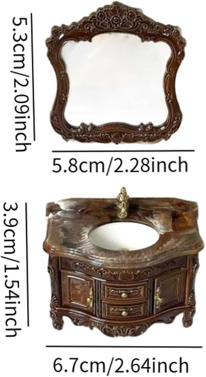 Luwecf 2 Pieces 1:12 Dollhouse Sink Cabinet Scene Model Ornament Bathroom Furniture Accessories Classic Mini Bathroom Washbasin Set, Brown