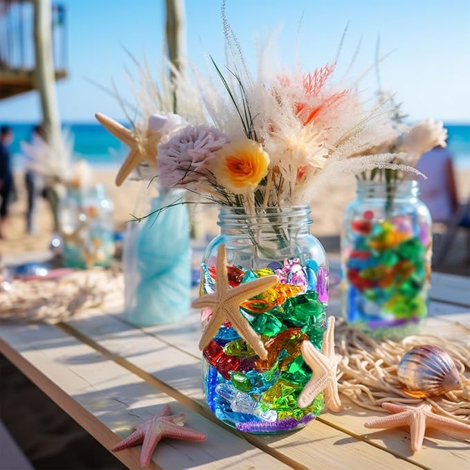 HappyFiller 120 PCS Sensory Bin Filler,Mini Resin Figures,Diving Gem Pool Acrylic Sea Shells Starfish Gemstones Under The Sea Party Decoration,Beach Theme,Vase Filler,Fish Tank Decorations,Crafts
