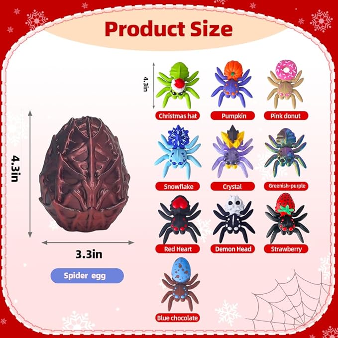 3D Printed Dragon Egg with 10 Unique Spiders,3D Printed Animals,Stocking Stuffers,Surprise Spider Set for Party Favors (Black-Red)
