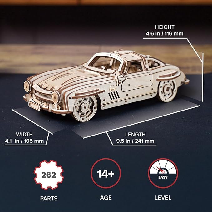 UGEARS Winged Sports Coupe Model Car Kit - 3D Wooden Puzzle for Adults – Model Kit for Adults to Build - DIY Wooden Car with Authentic Gull-Wing Design, 3D Puzzle
