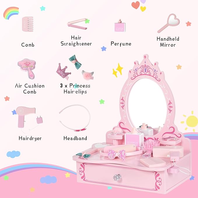 BRINJOY Wooden Vanity Set for Kids, Toddler Tabletop Beauty Salon Play Set w/Accessories & Drawer, Princess Makeup Pretend Play Vanity Table Toy with Crown Shaped Mirror for Little Girls Age 3-8