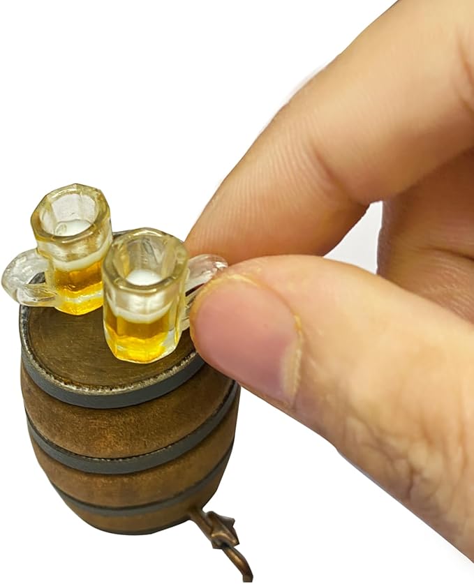 9Pcs Mini Beer Barrel Decor Miniature Wooden Figurine Wine Barrel Model with Faucet and Wine Glass Suitable for Fairy Garden Bar Doll House Decoration