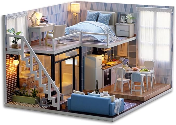 TuKIIE DIY Miniature Dollhouse Kit with Furniture, 1:24 Scale Creative Room Mini Wooden Christmas Doll House Accessories Plus Dust Proof & Music Movement for Kids Teens Adults(Blue Times)