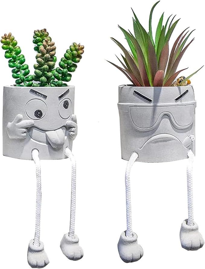 SEMSOIIO 2PCS Artificial Mini Succulent Plants, Cute Fake Plant Faux Succulents in Grey Pots, Artificial Plants with Hanging Leg Potted for Home Office Desk Shelf Bathroom Decor