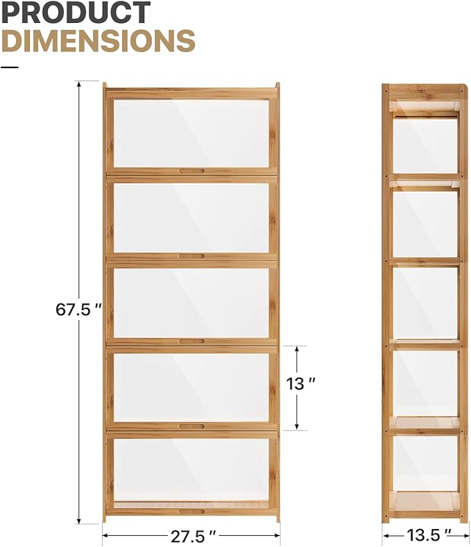 MoNiBloom 67.5" Curio Display Cabinet with Doors, 5-Tier Bamboo Showcase Storage Cabinet Shelf Collectibles Toy Display Case for Living Room, Natural
